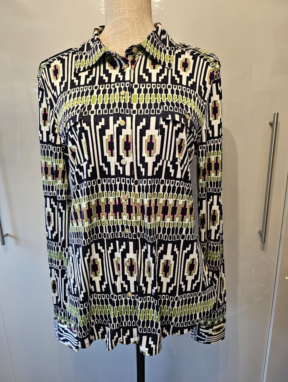 Tory Burch Women's Dressy Geometric Button-Up Shirt. Large